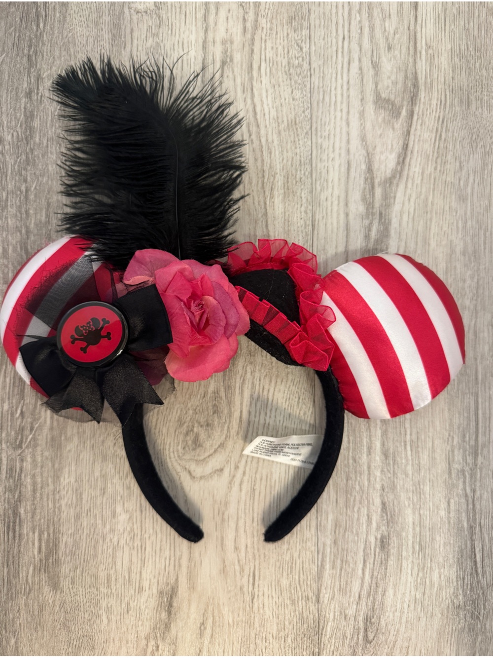 Disney Red & White Stripe Pirate Ear Headband with Pink Flower and Black Feather
